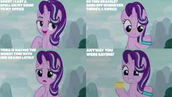 Size: 1280x720 | Tagged: safe, derpibooru import, edit, edited screencap, editor:quoterific, screencap, starlight glimmer, pony, unicorn, season 9, student counsel, spoiler:s09, female, image, mare, open mouth, open smile, png, sky, smiling, solo, text