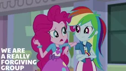 Size: 1280x720 | Tagged: safe, derpibooru import, edit, edited screencap, editor:quoterific, screencap, pinkie pie, rainbow dash, equestria girls, mirror magic, spoiler:eqg specials, clothes, crossed arms, cutie mark, cutie mark on clothes, duo, duo female, female, geode of sugar bombs, geode of super speed, image, jewelry, jpeg, magical geodes, necklace, open mouth, smiling, text