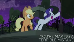 Size: 1280x720 | Tagged: safe, derpibooru import, edit, edited screencap, editor:quoterific, screencap, applejack, rarity, earth pony, pony, unicorn, made in manehattan, season 5, applejack's hat, cowboy hat, duo, female, hat, image, jpeg, mare, night, open mouth, text