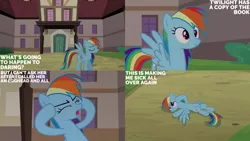 Size: 1280x720 | Tagged: safe, derpibooru import, edit, edited screencap, editor:quoterific, screencap, rainbow dash, pegasus, pony, read it and weep, season 2, eyes closed, female, image, implied twilight sparkle, jpeg, mare, open mouth, ponyville hospital, smiling, solo, spread wings, text, wings