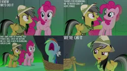 Size: 1280x720 | Tagged: safe, derpibooru import, edit, edited screencap, editor:quoterific, screencap, daring do, pinkie pie, rainbow dash, earth pony, pegasus, pony, daring done?, season 7, :o, female, image, jpeg, mare, nose in the air, open mouth, open smile, rope, smiling, text, trio, volumetric mouth