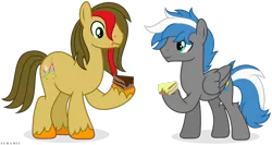 Size: 3364x1783 | Tagged: safe, artist:suramii, derpibooru import, oc, oc:cloud zapper, oc:vector, unofficial characters only, earth pony, pegasus, pony, cake, food, image, male, png, simple background, stallion, transparent background