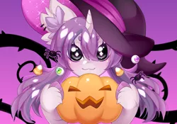 Size: 3136x2196 | Tagged: safe, artist:miioko, derpibooru import, oc, unofficial characters only, pony, unicorn, bust, commission, ear fluff, female, halloween, hat, holiday, horn, image, jack-o-lantern, mare, png, pumpkin, smiling, solo, unicorn oc, unshorn fetlocks, witch hat, ych result