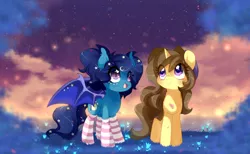 Size: 1942x1200 | Tagged: safe, artist:loyaldis, derpibooru import, oc, oc:astral flare, oc:eclipsia, unofficial characters only, bat pony, pony, unicorn, bat pony oc, bat wings, beanie, clothes, cloud, cute, flower, hat, image, png, smiling, socks, spread wings, stars, striped socks, sunrise, wings