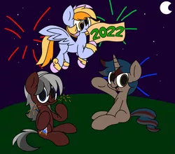 Size: 3029x2663 | Tagged: safe, artist:derpyalex2, derpibooru import, oc, unofficial characters only, earth pony, pegasus, pony, unicorn, 2022, banner, celebration, female, firecracker, fireworks, flying, grass, grass field, happy new year, holiday, image, male, mare, moon, night, png, simple background, sky, stallion, stars