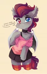 Size: 2624x4096 | Tagged: oc name needed, safe, artist:saxopi, derpibooru import, oc, unofficial characters only, bat pony, semi-anthro, bat pony oc, bat wings, black skirt, blue eye, blushing, cheek fluff, chest fluff, choker, clothes, collar, colored pupils, cute, ear fluff, eyebrows, eyelashes, gray coat, heterochromia, high res, image, jpeg, leggings, looking at you, ocbetes, partially open wings, red eye, red mane, red tail, shirt, shoulderless, simple background, skirt, solo, speech bubble, standing, tail, talking to viewer, wings