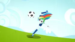 Size: 3410x1920 | Tagged: safe, derpibooru import, screencap, rainbow dash, eqg summertime shorts, equestria girls, steps of pep, clothes, female, football, high res, image, jpeg, shoes, smiling, solo, sports