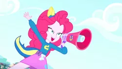 Size: 3410x1920 | Tagged: safe, derpibooru import, screencap, pinkie pie, eqg summertime shorts, equestria girls, steps of pep, clothes, cutie mark, cutie mark on clothes, female, high res, image, jpeg, megaphone, open mouth, open smile, smiling, solo, wondercolts uniform