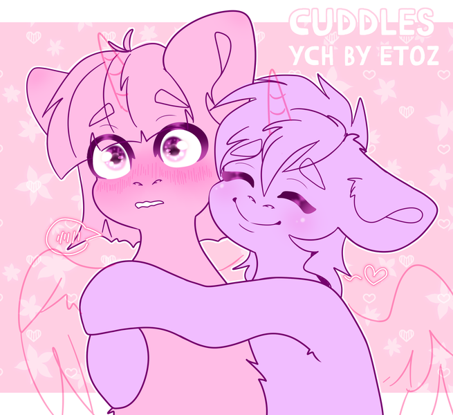 Size: 2400x2200 | Tagged: safe, artist:etoz, derpibooru import, oc, unofficial characters only, pony, advertisement, any gender, any race, any species, auction, auction open, big smile, blushing, closed mouth, commission, cuddling, cute, duo, eyebrows, eyebrows down, eyebrows visible through hair, eyes closed, generic pony, happy, heart, horn, hug, image, open mouth, png, raised eyebrow, smiling, surprised, wings, ych example, your character here, your character here auction