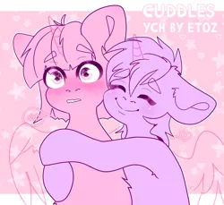 Size: 2400x2200 | Tagged: safe, artist:etoz, derpibooru import, oc, unofficial characters only, pony, advertisement, any gender, any race, any species, auction, auction open, big smile, blushing, closed mouth, commission, cuddling, cute, duo, eyebrows, eyebrows down, eyebrows visible through hair, eyes closed, generic pony, happy, heart, horn, hug, image, open mouth, png, raised eyebrow, smiling, surprised, wings, ych example, your character here, your character here auction