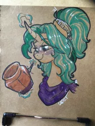Size: 1536x2048 | Tagged: safe, artist:cadetredshirt, derpibooru import, oc, oc:aquarius gem, unofficial characters only, unicorn, bust, clothes, freckles, image, jpeg, marker drawing, multicolored hair, portrait, pottery, scarf, smiling, solo, traditional art