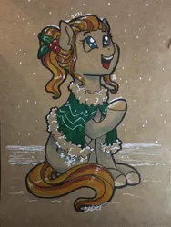 Size: 1536x2048 | Tagged: safe, artist:cadetredshirt, derpibooru import, oc, oc:merry weather, unofficial characters only, earth pony, pony, christmas, cloak, clothes, holiday, holly, hooves, image, jpeg, marker drawing, night, ponytail, raised hoof, smiling, snow, snowfall, solo, tail, traditional art, two toned mane, two toned tail