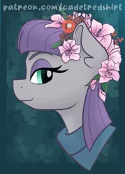 Size: 661x924 | Tagged: safe, artist:cadetredshirt, derpibooru import, maud pie, earth pony, pony, bust, clothes, floral head wreath, flower, flower in hair, gradient background, image, jpeg, looking at you, obtrusive text, obtrusive watermark, portrait, smiling, solo, watermark