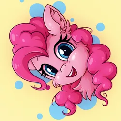 Size: 1600x1600 | Tagged: safe, artist:zeepheru_pone, derpibooru import, pinkie pie, earth pony, pony, abstract background, bust, cheek fluff, chest fluff, cute, diapinkes, ear fluff, female, fluffy, happy, image, looking at you, mare, open mouth, open smile, png, portrait, simple background, smiling, smiling at you, solo, yellow background