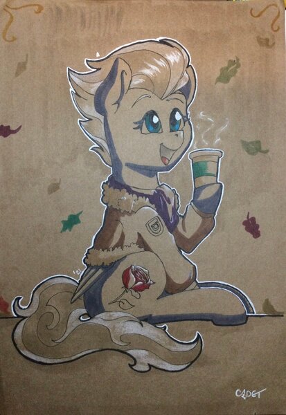 Size: 1408x2048 | Tagged: safe, artist:cadetredshirt, derpibooru import, oc, unofficial characters only, pegasus, pony, autumn, clothes, coat, coffee, fur coat, image, jpeg, look-alike, marker drawing, not night glider, smiling, solo, traditional art, wings