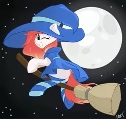 Size: 2859x2696 | Tagged: safe, artist:cadetredshirt, derpibooru import, oc, unofficial characters only, pony, broom, clothes, commission, cute, flying, flying broomstick, hat, image, jpeg, looking at you, looking back, moon, night, one eye closed, socks, solo, stars, wink, witch, witch costume, witch hat, ych result