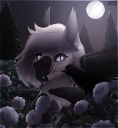 Size: 1174x1268 | Tagged: safe, artist:szkar, derpibooru import, oc, oc:devilvoice, unofficial characters only, bat pony, bird, crow, bat pony oc, bat wings, commission, female, flower, image, jpeg, looking at you, moon, piercing, rose, wings