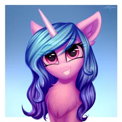 Size: 3000x3000 | Tagged: safe, artist:setharu, derpibooru import, izzy moonbow, pony, unicorn, my little pony: a new generation, abstract background, bust, chest fluff, cute, female, g5, image, mare, png, portrait, simple background