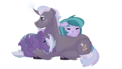 Size: 1280x732 | Tagged: safe, artist:itstechtock, derpibooru import, oc, oc:gilded leaf, oc:lavender joy, oc:polished lance, unofficial characters only, pony, unicorn, colt, female, foal, image, lying down, male, mare, png, prone, simple background, sleeping, stallion, transparent background