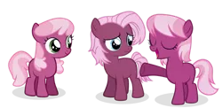 Size: 1024x498 | Tagged: safe, artist:spectrumnightyt, derpibooru import, idw, cheerilee, cherry blossom (idw), jasmine leaf, pony, blank flank, eyes closed, female, filly, foal, image, pensive, png, raised hoof, simple background, transparent background, underhoof, younger