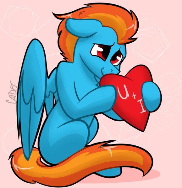 Size: 885x917 | Tagged: safe, artist:cadetredshirt, derpibooru import, oc, pegasus, pony, commission, floppy ears, heart, image, jpeg, shading, shy, simple background, solo, tail, two toned mane, two toned tail, ych result