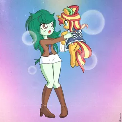 Size: 3000x3000 | Tagged: safe, alternate version, artist:branewashpv, derpibooru import, sunset shimmer, wallflower blush, ponified, pony, unicorn, equestria girls, adorasexy, anime style, cute, female, flowerbetes, freckles, holding a pony, image, looking at each other, looking at someone, png, retro, sexy, shimmerbetes, sunset sushi