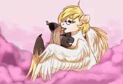 Size: 6335x4355 | Tagged: safe, artist:ijustmari, derpibooru import, oc, oc:ludwig von leeb, pegasus, pony, dancing in the clouds, blonde hair, cloud, cute, dancing, duo, duo male, flying, gay, glasses, green eyes, high res, hug, image, love, male, oc x oc, open mouth, png, purple background, shipping, simple background, spread wings, stallion, wings