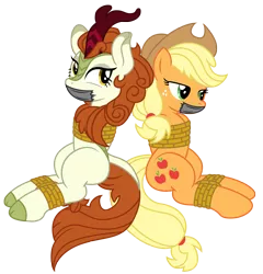 Size: 3215x3344 | Tagged: suggestive, artist:radiantrealm, derpibooru import, edit, applejack, autumn blaze, earth pony, kirin, pony, applesub, arm behind back, autumnjack, autumnsub, bondage, bound and gagged, damsel in distress, female, femsub, gag, image, lesbian, mare, png, rope, rope bondage, shipping, simple background, submissive, tape, tape gag, tied up, transparent background