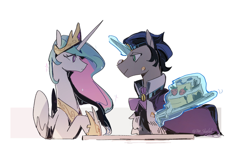 Size: 2431x1580 | Tagged: safe, artist:fan_silversol, derpibooru import, idw, king sombra, princess celestia, alicorn, pony, unicorn, cake, cakelestia, celestibra, female, food, good king sombra, image, jpeg, looking at each other, looking at someone, male, mare, shipping, simple background, stallion, straight, white background