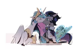 Size: 2431x1580 | Tagged: safe, artist:fan_silversol, derpibooru import, idw, king sombra, princess celestia, alicorn, pony, unicorn, cake, cakelestia, celestibra, cute, female, food, good king sombra, image, jpeg, kissing, looking at each other, looking at someone, male, mare, nose kiss, shipping, simple background, stallion, straight, white background