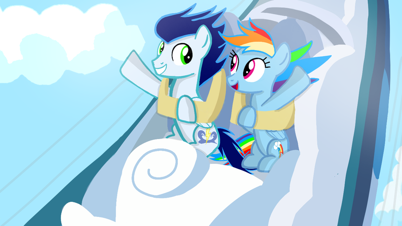 Size: 1280x720 | Tagged: safe, artist:mlplary6, derpibooru import, rainbow dash, soarin', pegasus, pony, female, image, looking at each other, looking at someone, male, mare, png, roller coaster, shipping, smiling, soarindash, stallion, straight, wild blue yonder