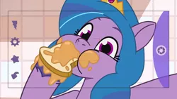 Size: 1920x1080 | Tagged: safe, derpibooru import, screencap, izzy moonbow, pony, unicorn, my little pony: tell your tale, spoiler:g5, spoiler:my little pony: tell your tale, bread, crown, eating, female, food, g5, image, jewelry, mare, peanut butter, png, regalia, selfie, solo