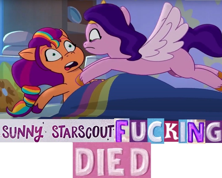 Size: 1540x1238 | Tagged: semi-grimdark, derpibooru import, pipp petals, sunny starscout, my little pony: tell your tale, spoiler:g5, spoiler:my little pony: tell your tale, caption, expand dong, exploitable meme, g5, image, image macro, implied death, jpeg, meme, text, vulgar, wow! glimmer