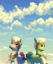 Size: 2500x3000 | Tagged: safe, artist:rrd-artist, derpibooru import, pegasus, fanfic, fanfic:diaries of a zephyrwing, cloud, commissioner:navelcolt, cover art, fanfic art, g5, guard, image, on a cloud, png, royal guard, shy, standing on a cloud, thunder (g5), zoom zephyrwing