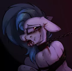 Size: 1425x1407 | Tagged: grimdark, artist:arume_lux, derpibooru import, oc, oc:ethereal pelagia, pony, semi-anthro, abuse, black eye, blood, chained, collar, crying, fangs, female, image, mare, open mouth, png, sharp teeth, solo, tears of pain, teeth, tied up