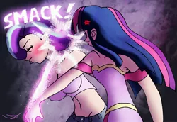 Size: 4096x2817 | Tagged: safe, artist:ringteam, derpibooru import, starlight glimmer, twilight sparkle, human, angry, duo, female, image, jpeg, magic glow, meme, onomatopoeia, slap, will smith, will smith slapping chris rock