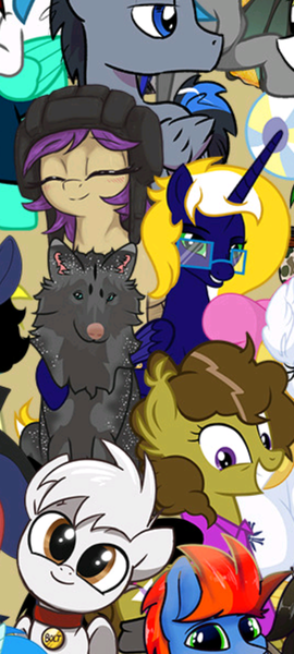 Size: 1080x2400 | Tagged: safe, artist:lincolnbrewsterfan, derpibooru import, oc, oc:moon pearl, oc:time vortex (kaifloof), oc:zima the wolf, unofficial characters only, alicorn, pony, wolf, derpibooru community collaboration, .svg available, 2022 community collab, alicorn oc, coat markings, cropped, derpibooru exclusive, dog nose, duo focus, eyebrows, folded wings, front view, fur, glasses, grin, hoof around neck, horn, image, lidded eyes, looking at you, mane, multicolored eyes, multicolored iris, owned, paws, pet, petting, png, raised hoof, sitting, smiling, smiling at you, sparkles, tail, vector, wings