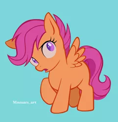 Size: 1972x2048 | Tagged: safe, artist:mn27, derpibooru import, scootaloo, pegasus, pony, blue background, female, filly, foal, image, jpeg, open mouth, raised hoof, simple background, solo