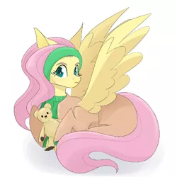 Size: 1600x1600 | Tagged: safe, artist:shamone, derpibooru import, fluttershy, pegasus, pony, clothes, crossover, female, image, mare, plushie, png, simple background, solo, teddy bear, white background