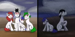 Size: 3000x1500 | Tagged: safe, artist:hiddenfaithy, derpibooru import, oc, oc:alpha, oc:beta, oc:delta, unofficial characters only, earth pony, pony, albino, angst, commission, crying, family, family photo, happy, image, old art, png, rain, sad, simple background, smiling
