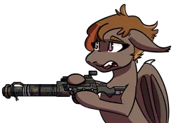 Size: 1054x732 | Tagged: safe, derpibooru import, oc, oc:umber, bat pony, pony, fallout equestria, floppy ears, gun, holding, image, png, railway rifle, simple background, threatening, transparent background, weapon
