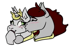 Size: 753x489 | Tagged: safe, artist:hiddenfaithy, derpibooru import, oc, oc:misty sparks, oc:skyfire lumia, unofficial characters only, pegasus, pony, unicorn, fallout equestria, blushing, fallout equestria: uncertain ties, image, kiss on the cheek, kissing, lips, png, raised hoof, simple background, transparent background