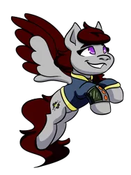 Size: 998x1328 | Tagged: safe, artist:hiddenfaithy, derpibooru import, oc, oc:skyfire lumia, unofficial characters only, pegasus, pony, fallout equestria, colored wings, colored wingtips, fallout equestria: uncertain ties, flying, image, pipbuck, png, simple background, smiling, transparent background, wings