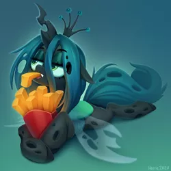 Size: 1200x1200 | Tagged: safe, artist:zazush-una, derpibooru import, queen chrysalis, changeling, changeling queen, eating, fangs, female, floppy ears, food, french fries, gradient background, image, jpeg, lying down, prone, solo