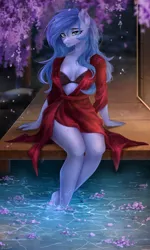 Size: 900x1500 | Tagged: suggestive, artist:alicesmitt31, derpibooru import, oc, oc:shadow blue, unofficial characters only, anthro, bedroom eyes, blushing, bra, breasts, cherry tree, clothes, dress, female, image, japanese, kimono (clothing), kimono minidress, looking at you, moon runes, nudity, png, seductive, sitting, smiling, smirk, solo, solo female, tail, thighs, tree, underwear