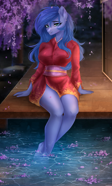 Size: 900x1500 | Tagged: suggestive, artist:alicesmitt31, derpibooru import, oc, oc:shadow blue, unofficial characters only, anthro, bedroom eyes, blushing, bra, breasts, cherry tree, clothes, dress, female, image, japanese, kimono (clothing), kimono minidress, looking at you, moon runes, nudity, png, seductive, sitting, smiling, smirk, solo, solo female, tail, thighs, tree, underwear