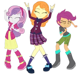 Size: 3500x3443 | Tagged: safe, artist:gmaplay, derpibooru import, orange sherbette, scootaloo, sweetie belle, equestria girls, friendship games, dancing, eyes closed, female, grin, high res, image, png, simple background, smiling, transparent background, trio, trio female