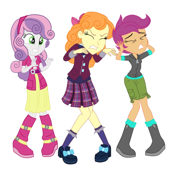 Size: 3500x3443 | Tagged: safe, artist:gmaplay, derpibooru import, orange sherbette, scootaloo, sweetie belle, equestria girls, friendship games, covering ears, eyes closed, female, frown, high res, image, png, scootaloo is not amused, simple background, sweetie belle is not amused, teeth, transparent background, trio, trio female, unamused