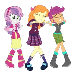 Size: 3500x3443 | Tagged: safe, artist:gmaplay, derpibooru import, orange sherbette, scootaloo, sweetie belle, equestria girls, friendship games, covering ears, eyes closed, female, frown, high res, image, png, scootaloo is not amused, simple background, sweetie belle is not amused, teeth, transparent background, trio, trio female, unamused