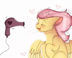 Size: 2500x2000 | Tagged: safe, artist:valkiria, derpibooru import, fluttershy, pegasus, pony, blushing, cute, eyes closed, female, hair dryer, heart, image, jpeg, mare, open mouth, shyabetes, solo, tongue out